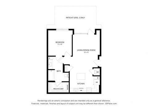 Floor plan for 1 bed, 1 bath, 798 sqft